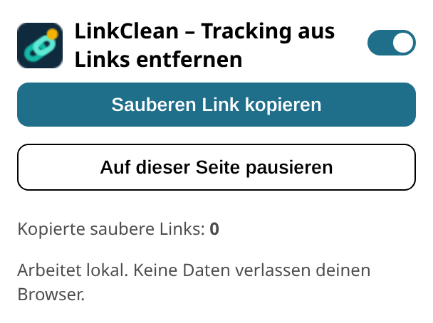 Popup von LinkClean mit Schalter, „Sauberen Link kopieren“ und „Auf dieser Seite pausieren“